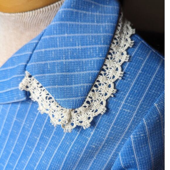 Vtg 1960s Mod Blue Polyester Pinstriped Lace Trim Collar Jacket Mini Dress M - Picture 5 of 7
